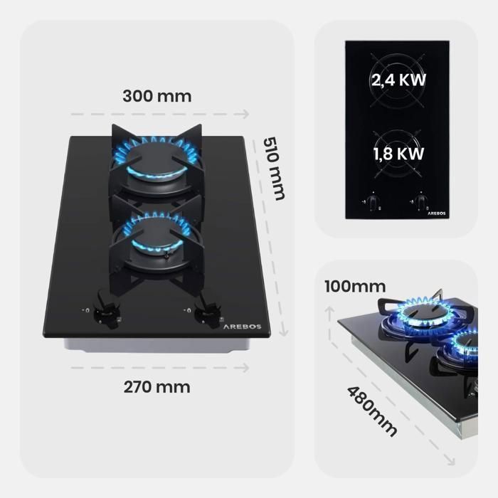 Plaque De Cuisson Gaz 2 Feux Vitrocéramique - Brûleurs 3000W + 1750W Avec Sécurité
