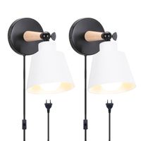 MOGOD 2x Applique Murale Industrielle en Métal et Bois avec Prise, E27 Luminaire Moderne Blanc - Lampe pour Couloir Salon Chambre