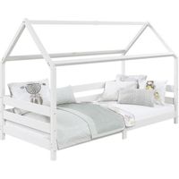 Lit cabane FINA lit simple montessori pour enfant 90 x 190 cm, avec barrières de protection sur 3 côtés, en pin massif lasuré blanc