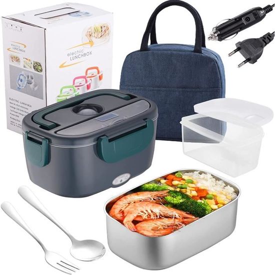 Lunch Box Chauffante 1,5 L - 2 Compartiments (inox + Plastique) - Fonctionne Sur Secteur Et Allume-cigare - Température ~70°C