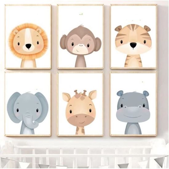 Lot 4 Affiches Animaux Safari Chambre Bébé - 21x30 Cm Chaque - Toile Coton 320gsm - Lion, éléphant, Girafe, Zèbre - 2