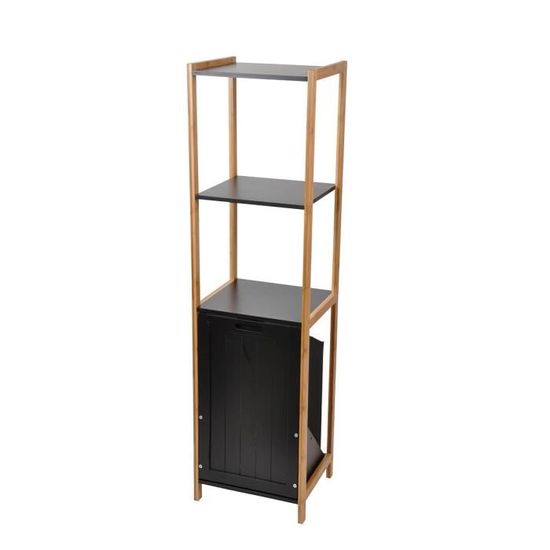 Meuble 3 Etageres Avec Panier A Linge Bambou Noir Autres Noir