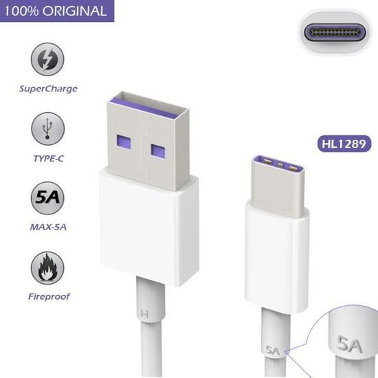 Cable d'origine huawei HL1289 USB 3.1 Type C (Quick Charge 5A) pour Mate 9, P10, Plus, Lite