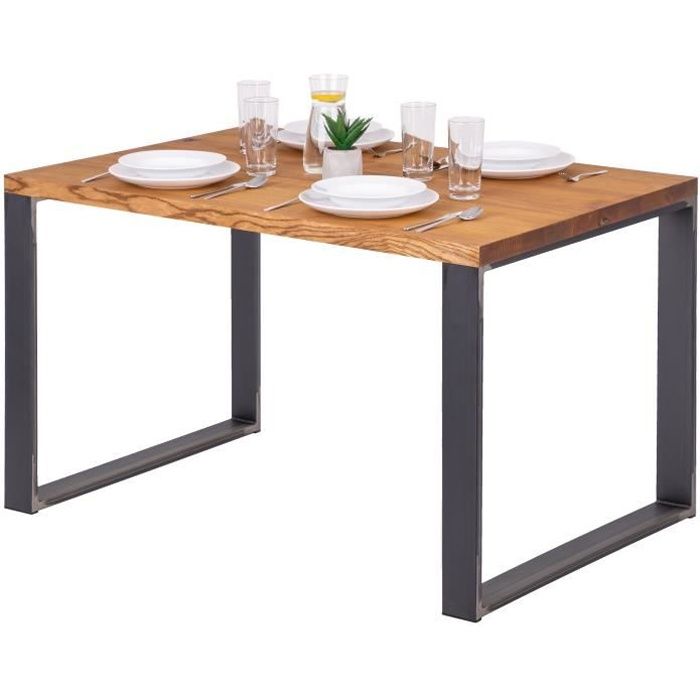 LAMO MANUFAKTUR Table à manger industrielle en bois massif - 120x80x76cm - frêne rustique - pieds acier brut - modèle modern