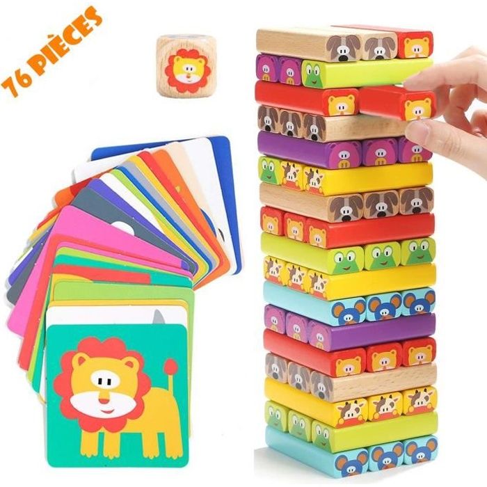 Tour de Blocs Empilables en Bois avec Couleurs et Animaux - Jeu d’adresse et d’équilibre 4 en 1 pour Filles et Garçons de 3 à 9 ans