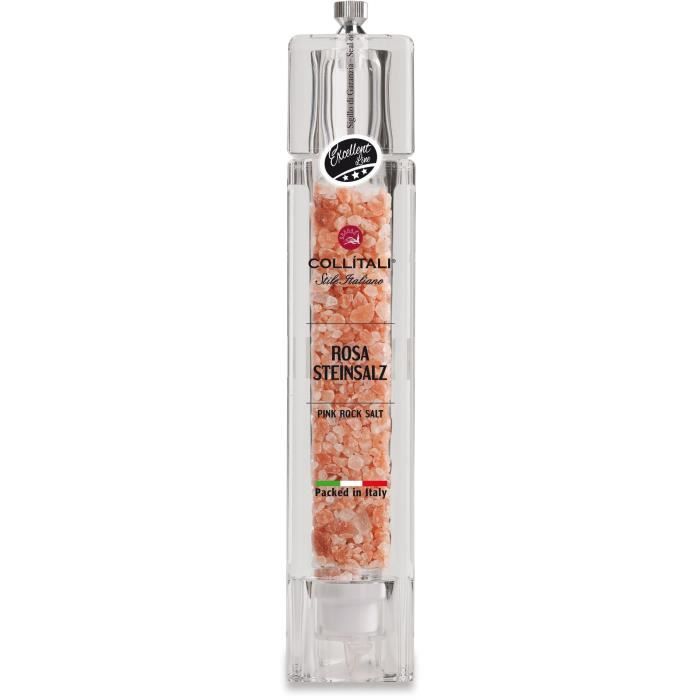COLLITALI Moulin carré acrylique rechargeable, mécanisme céramique, visse réglage mouture, Sel HIMALAYA 130 g