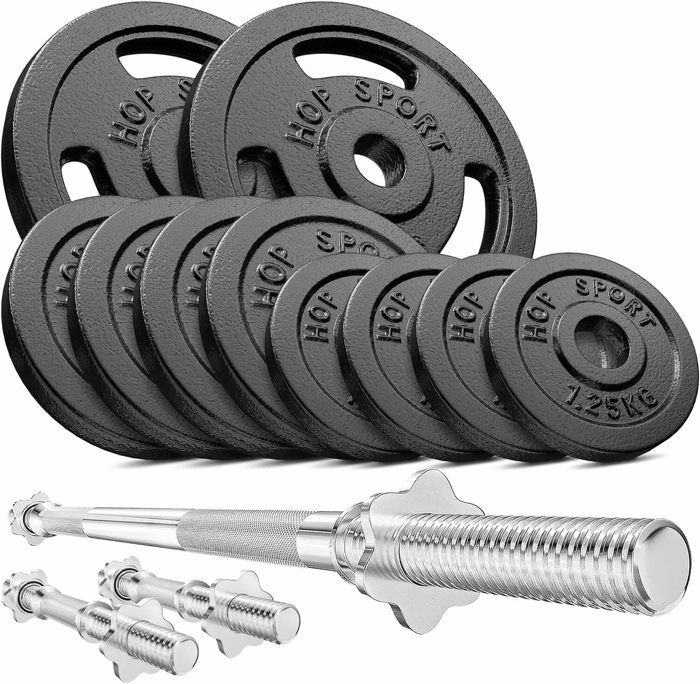 Hop-Sport Ensemble d'haltères en Fonte avec Barre d'haltères et Poids, Ensemble de Disques: 39kg