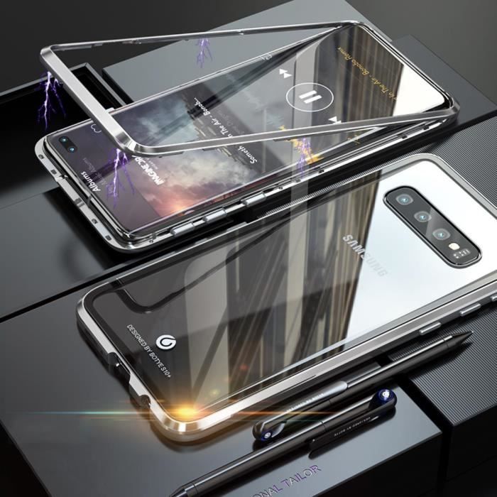 Samsung Galaxy S10+ / S10 Plus Coque,Luxury Absorption magnétique Pare-Chocs métal Antichoc étui arrière Temperouge Glass- argent