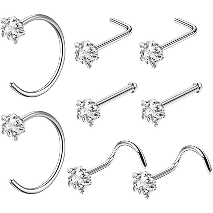 OUFER 8PCS Piercing Nez Ensemble en Acier Inoxydable 316L avec CZ Etoile Clou de Nez Bijoux de Corps 20G
