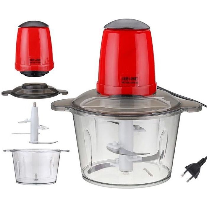 Hachoir Électrique Multifonction 300W 2L 4 Lames à Viande Légumes Oeufs - Mélangeur Mixeur avec Interrupteur de Presser ROUGE
