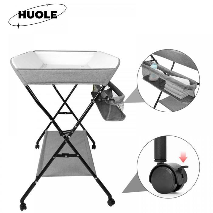 Table à Langer Pliante Avec Panier - Réglable En Hauteur (92-98cm), 4 Roues Freinées, Charge 25kg - Bleu Foncé