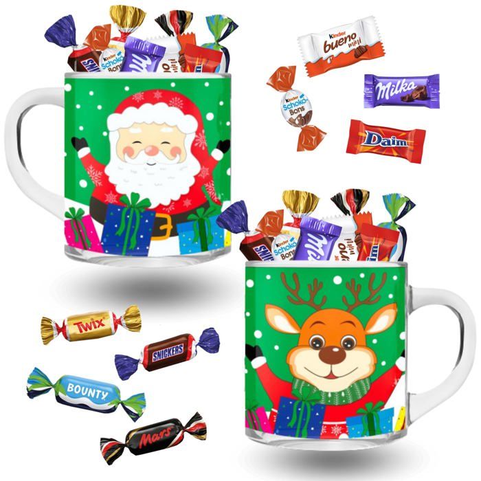 2 Tasses de Noël garnies de 20 chocolats Kinder Daim Milka & Célébrations - Idéal pour partager un délicieux chocolat chaud
