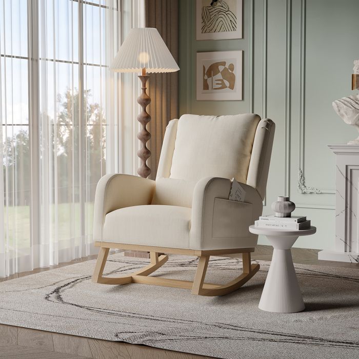 Rocking chair avec 2 poches latérales et coussins dossier rembourré chaise salon/chambre lin beige - CLASSIC