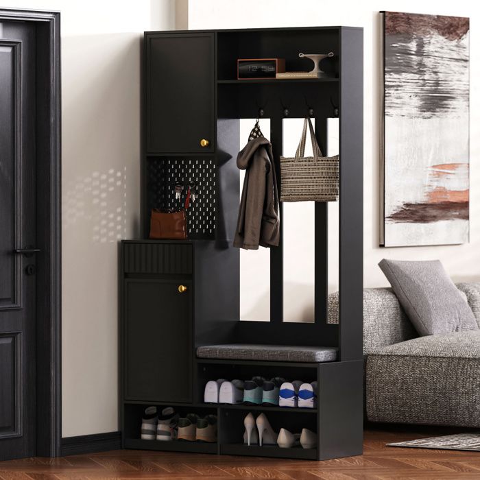 Meuble Coffre Armoire à Chaussures moderne bois avec orte-Manteau vestiaire dentrée et salon 4 crochetsNoir100×180×35 cm