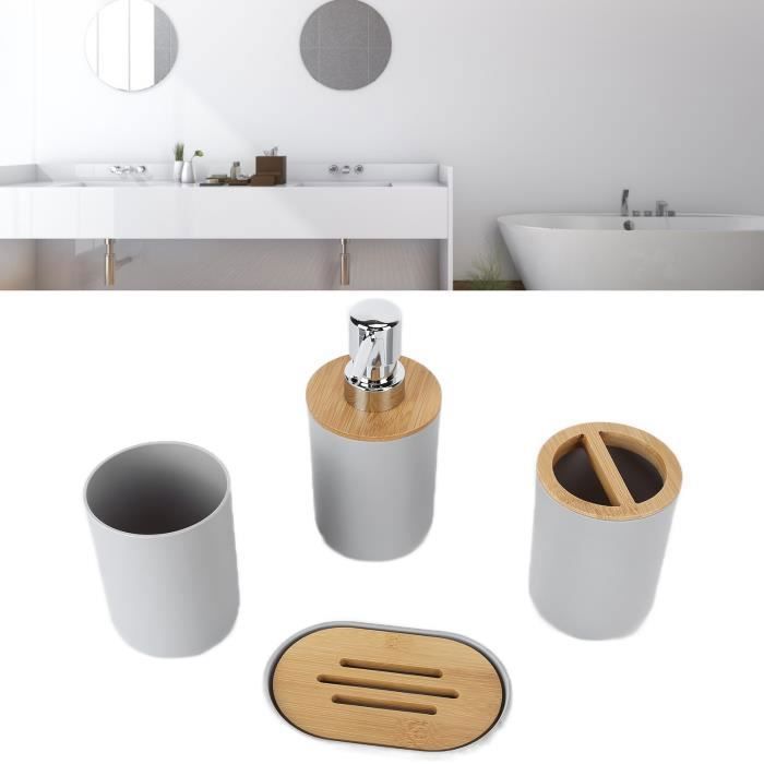 Ensemble daccessoires de salle de bain - - 4 pièces - Bambou - Gris - Étanche Label