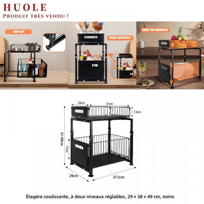 Étagère coulissante à deux niveaux réglables pour un rangement mieux organisé - HUOLE - 29 × 38 × 49 cm - noir.