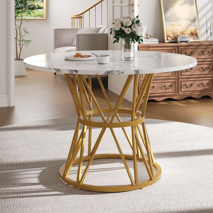 Table à manger ronde - MDF - Imitation marbre - Pieds en métal - Or