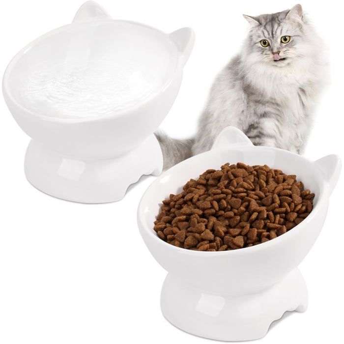 Comparer les prix de Lot de 2 gamelles pour chat surélevées en céramique inclinée à 15° pour le cou de chat pour petits chiens - Blanc