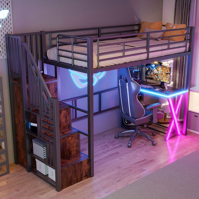 Lit mezzanine Maisentiel 90x200 métal noir gain de place avec bureau intégré dressing étagères et éclairage LED télécommandé