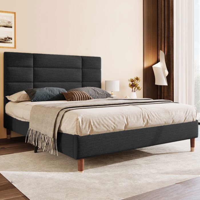 Lit Adulte 140x200 cm - Modenuit - Cadre de Lit Capitonné - Sommier à Lattes - Lin Noir - Sans Matelas