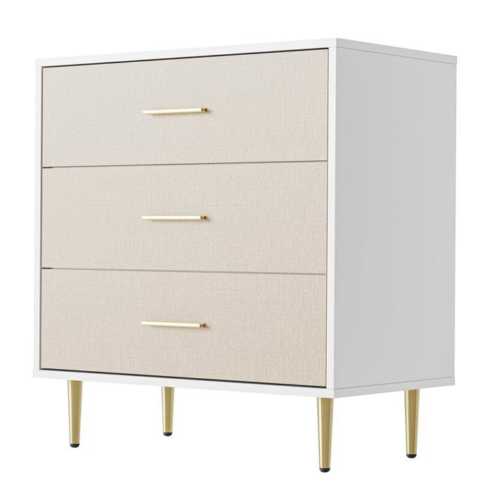 Commode moderne - LUNSY - Blanc - Poignées et pieds dorés - Façade aspect lin - 3 tiroirs spacieux - Étagère supérieure