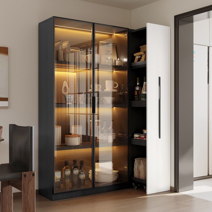 Armoire Multifonction 1105x35x160 cm - Vitrine LED avec Porte Vitrée Tiroir Latéral Extractible - Meuble de Rangement Haute - Noir