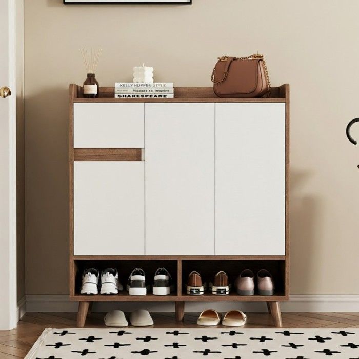 Commode / Buffet / Meuble à chaussures - VVBV - 90x35x99 cm - Étagères réglables - Pieds bois massif - Anti-basculement