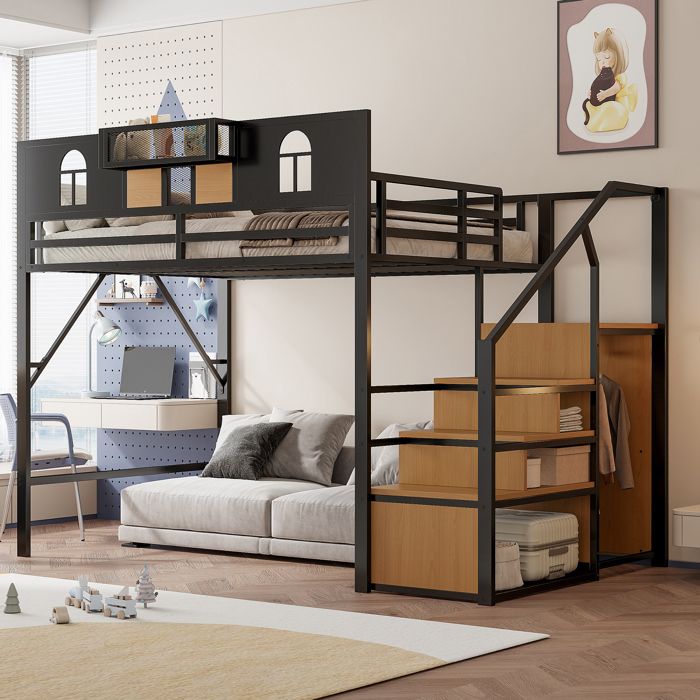 Lit Mezzanine 140x200 cm avec Échelle et Rangements Lit Ado Double Adulte avec Barrière Haute MDF et Acier Noir