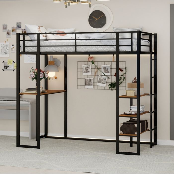 Lit mezzanine enfant noir en fer avec bureau en L 90 × 190 cm