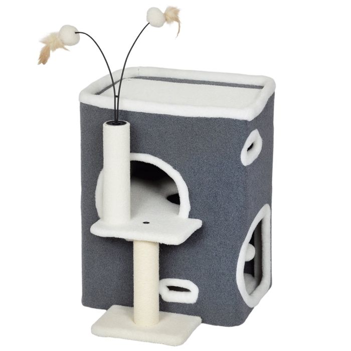 Comparer les prix de Arbre à chat - Surface de couchage supérieure - Maison à 2 étages - Poteaux en sisal - Gris - 48.5x43x58 cm - Polyester