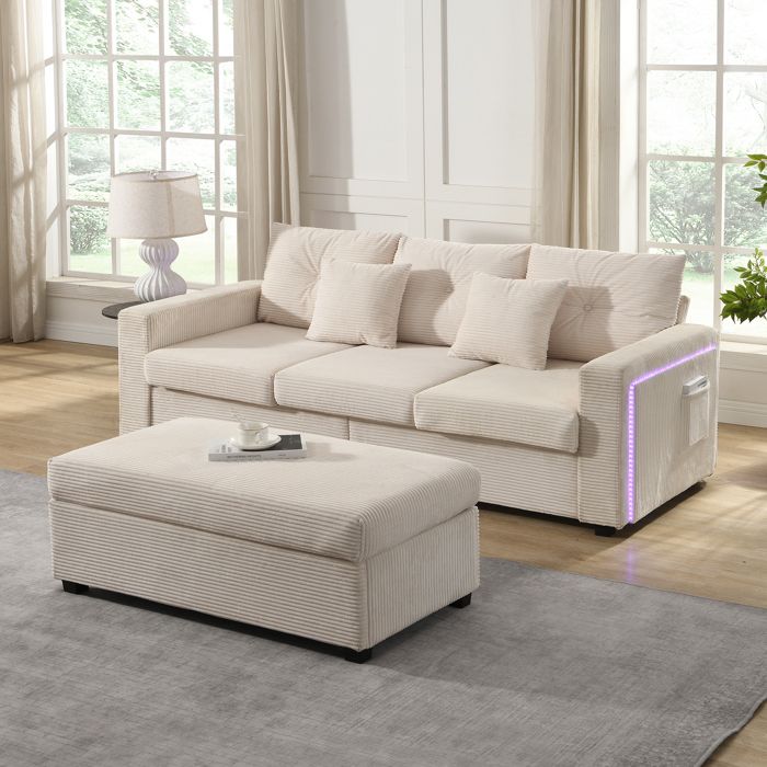 Canapé modulaire en forme de L - 3 places + ottoman amovible - Éclairage LED intelligent - Mousse haute densité 15 cm