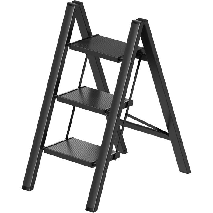 KINGRACK Escabeau 4 Marches avec Verrouillage de sécurité, Large Pédale Antidérapante, Marche Pied Pliable avec Mains Courantes, Échelle Domestique pour Maison, Cuisine, Bureau, Léger Portable, Noir