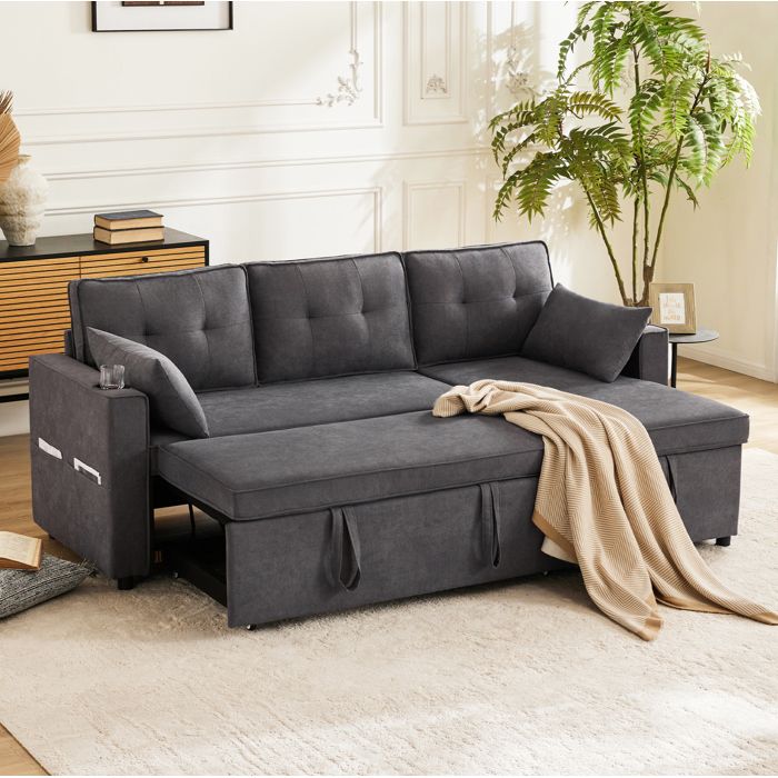 Canapé d’angle convertible gris avec rangement porte-gobelets et méridienne modulable