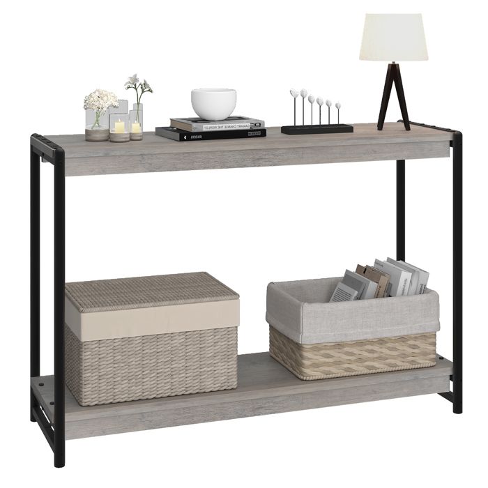Console rustique à 2 niveaux avec étagère – Table dappoint style ferme pour salon entrée-104 x 30 x 80cm-GRIS