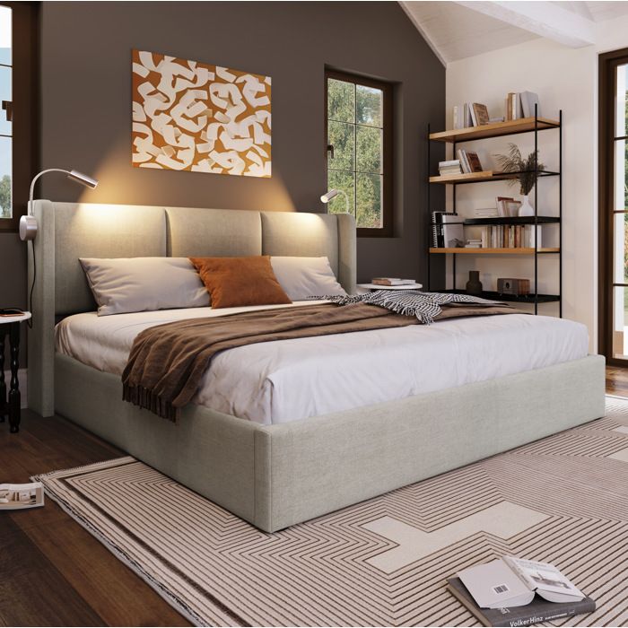Lit coffre lit double 160x200 avec tête de lit lampe de lecture USB et sommier à lattes lin beige ORVRYN