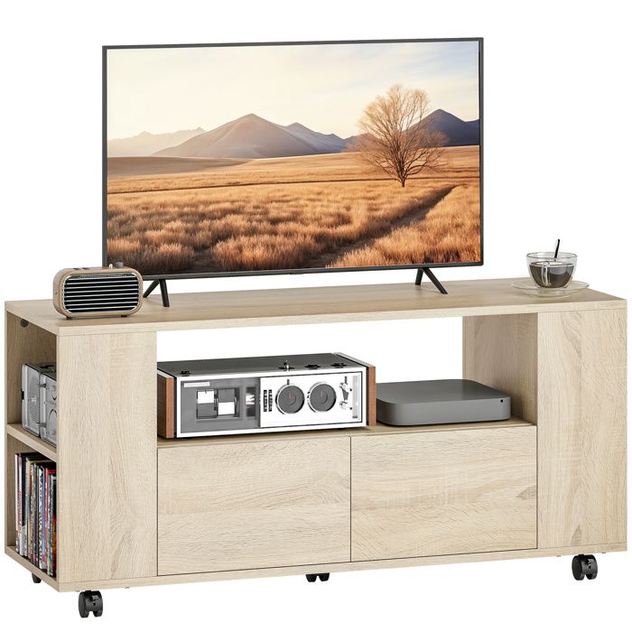 Meuble TV - HOMCOM - pour téléviseur jusquà 42 pouces - 2 tiroirs compartiments ouverts - bois - 102 x 34 5 x 48 5 cm - naturel Meuble TV - HOMCOM - pour téléviseur jusquà 42 pouces - 2 tiroirs compartiments ouverts - bois - 102 x 34 5 x 48 5 cm - naturel