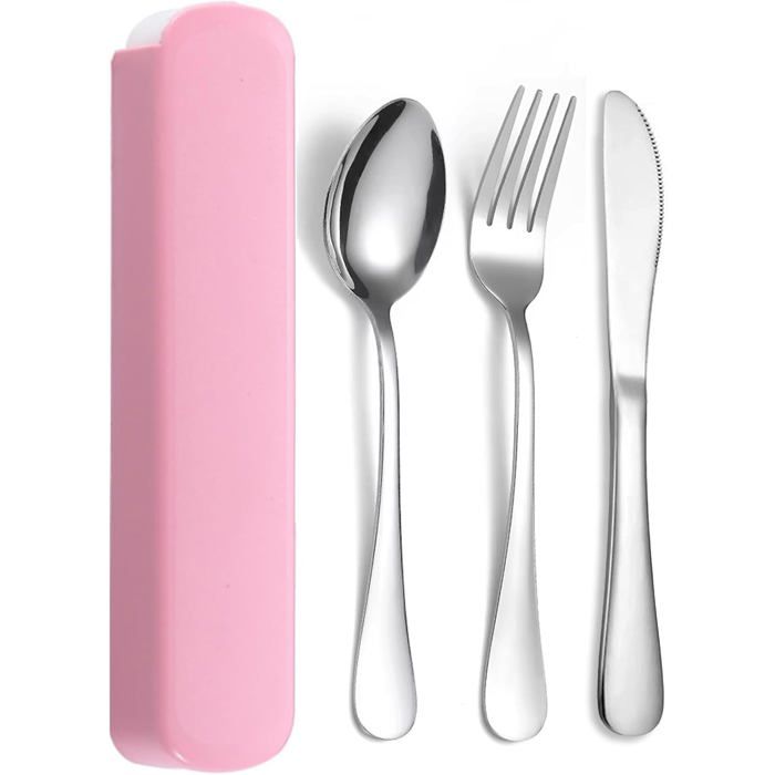 Couverts de Camping : 3 sets en inox lavables au lave-vaisselle pour lunch box pique-nique voyage école bureau. - Rose - Rose