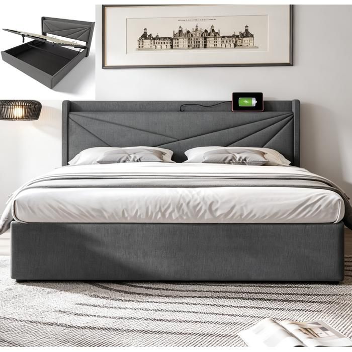 Lit coffre double rembourré 180x200 cm - Lin Gris - Tête de lit USB Type-C - Espace de rangement intégré