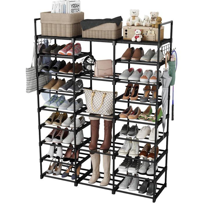Finew Étagère À Chaussures À 9 Niveaux Diy En Métal 50-55 Paires De Rangement De Chaussures Avec Crochets Pour Salon Dressin[BI117]