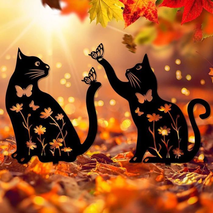 Piquets de jardin décoratifs - Motif chat en métal Lot de 2 pièces - Jardin et pelouse