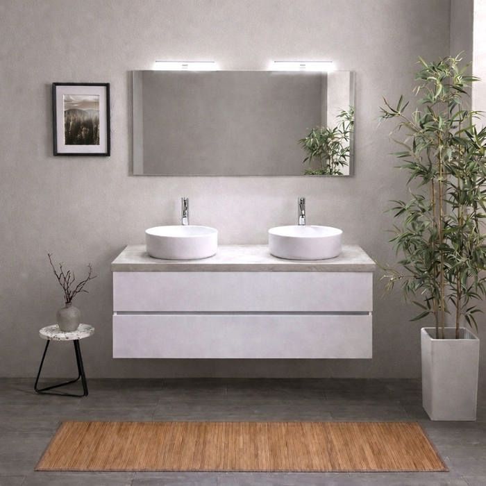 Meuble salle de bain suspendu 120 cm blanc export plateau effet béton double vasque miroir et lampe Berlin