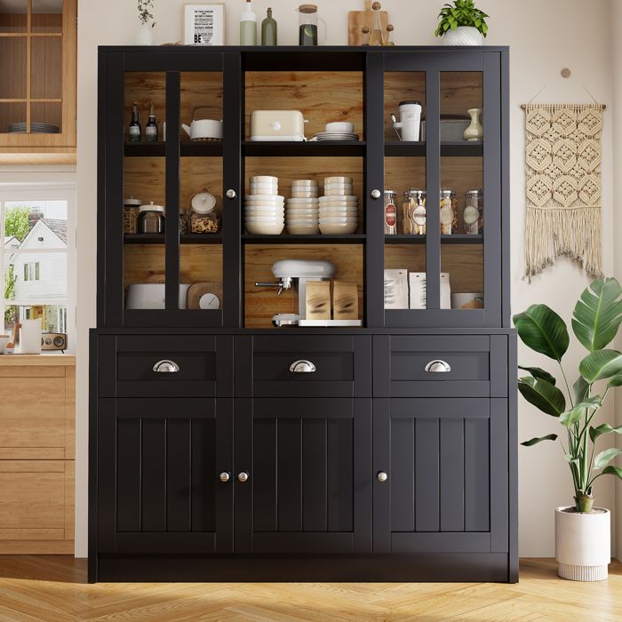 Buffet moderne portes en acrylique 140×38 5×175cm meuble haut pour salon avec étagères ouvertes grand espace de rangement noir