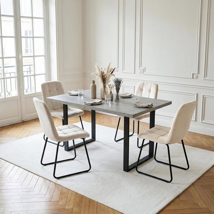 JIEXI Table repas extensible 130-170cm MDF gris table cuisine avec 4 chaises velours beige