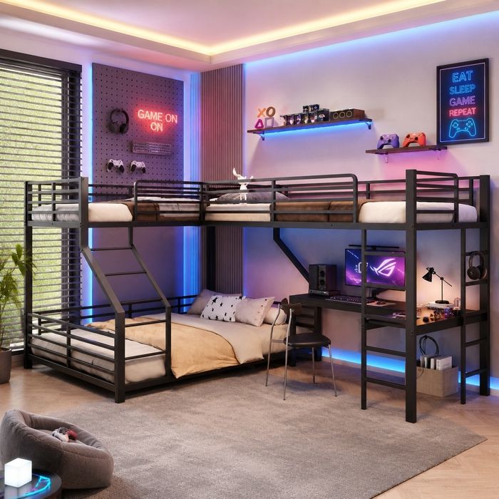 Lit Superposé 90/140x200cm-cadre de lit en métal pour 3 personnes avec interface USB et Type-C-bureau-sans matelas (noir)