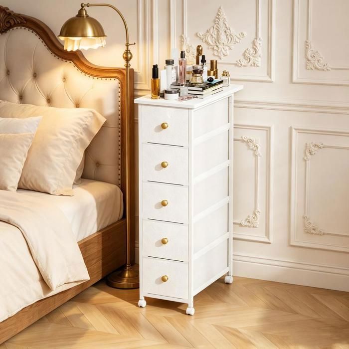 PIPIPOXER Commode 5 tiroirs étroite blanche coiffeuse bureau rangement maquillage fournitures cadre métal Chiffonnier 49x25 5x88 5