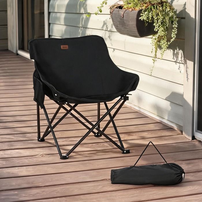 Fauteuil pliant de camping en tissu Oxford et acier noir avec accoudoirs et sac