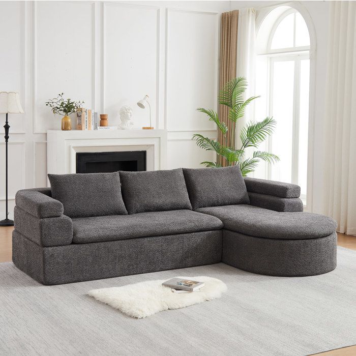 Canapé d’angle avec chaiselongue en chenille gris anthracite 3 places accoudoirs à étages 260x170x65 cm ORVRYN
