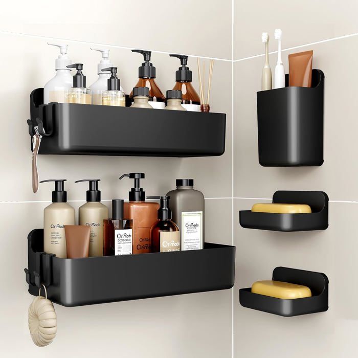 Lot De 5 Étagères De Salle De Bain Antirouille Sans Perçage Étagère De Douche En Plastique Abs Autocollante Grande Capacité Séc