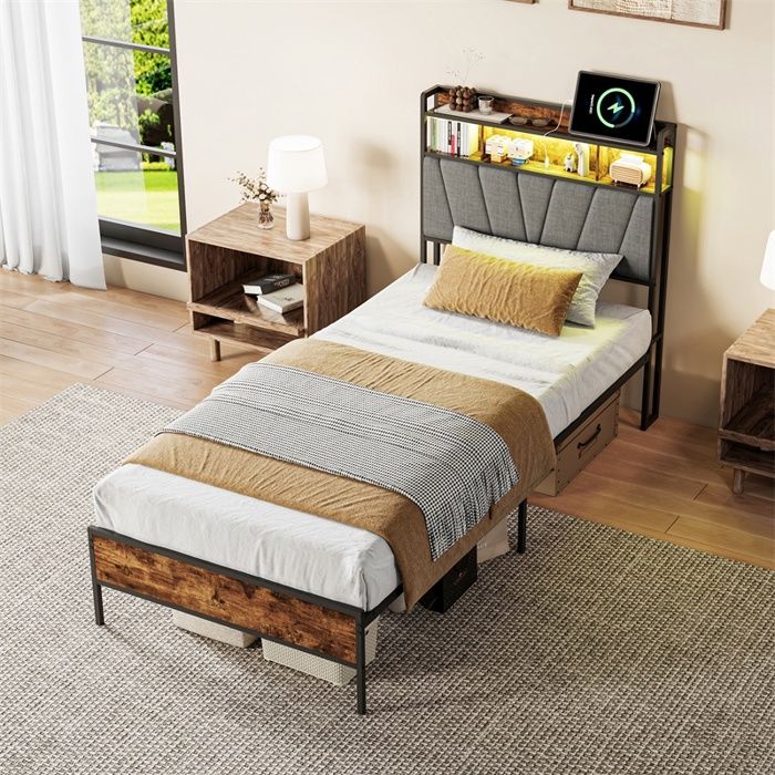 Lit 90x200 cm - Lit simple 90x200 - lit en métal et bois avec tête de lit LED prises USB et étagère - Bois foncé et gris Lit 90x200 cm - Lit simple 90x200 - lit en métal et bois avec tête de lit LED prises USB et étagère - Bois foncé et gris