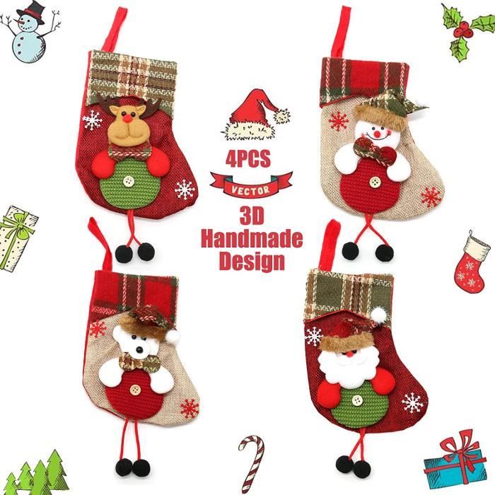 4 Chaussettes De Noël Personnalisables – Bas Du Père Noël 3D Grand Format 34 Cm – Sac Cadeaux Décoration Sapin & Cheminée